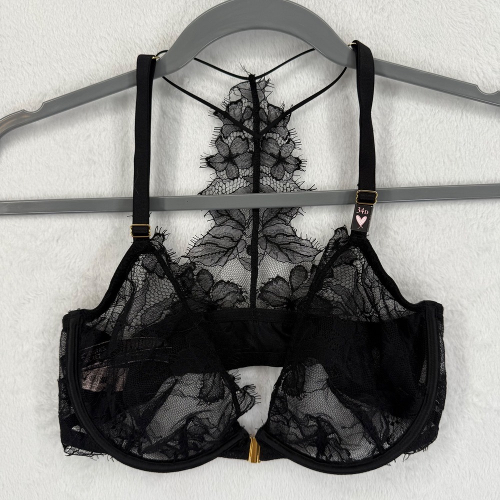 Victoria's‎ Secret Black Lace Unlined Demi Bra Size 34D Floral Lingerie